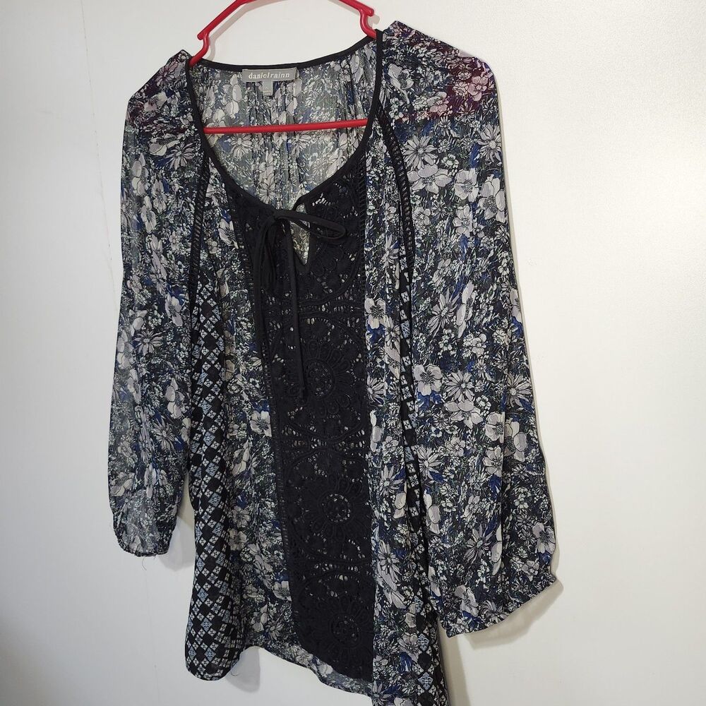 Daniel Rainn Floral Lace Trim Semi Sheer Boho Blouse Women's Petite Large - Picture 2 of 9